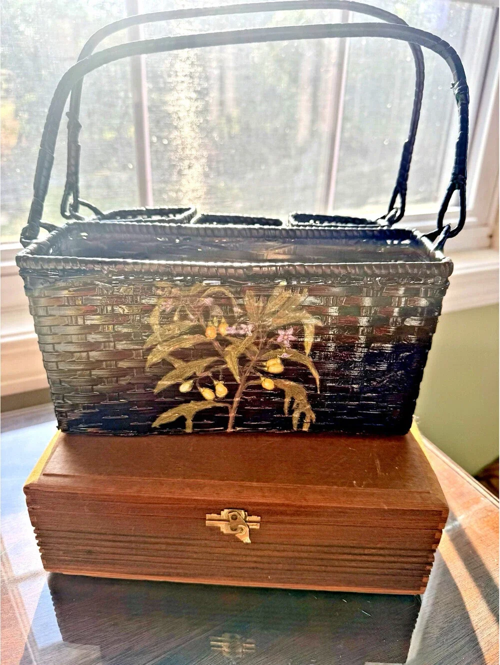 Vintage Wicker Flatware Utensil Caddy Basket Picnic Farmhouse Country Cottagecor